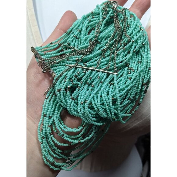 Multilayer Turquoise And Silver Tone Glass Beaded Necklace - Picture 5 of 6